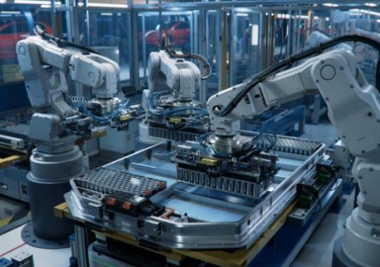 Bracci robotici assemblano batterie in una fabbrica moderna, simbolo di innovazione e tecnologia avanzata.